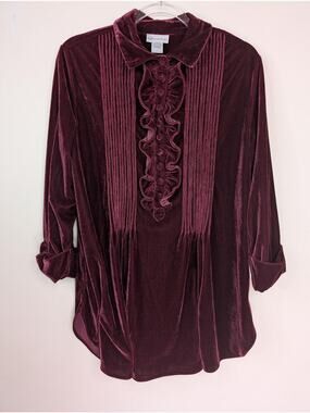Soft Surroundings Top Womens Large Burgundy Velvet Ruffle Pintuck Blouse Tunic